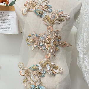 Gorgeous Colorful Sequins Beads Embroidered Flowers Gown Back Applique, Pastel Cottagecore Lotus Sewing Patch