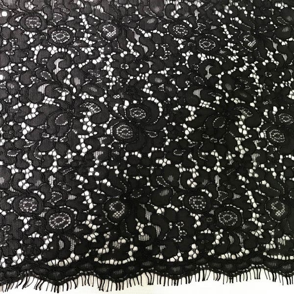 Classic black eyelash lace fabric with cording for black dress, formal dress, costumes