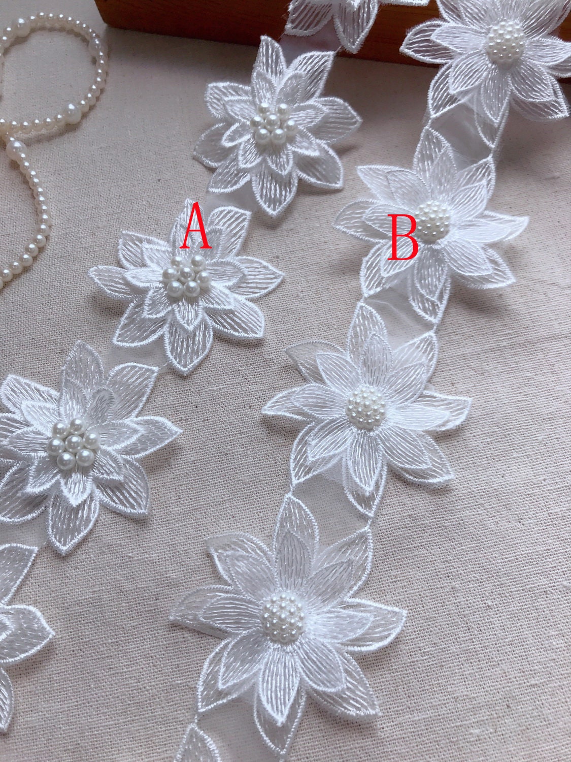 3D Flower Pearls Bead Flower Lace Applique in Ivory for | Etsy