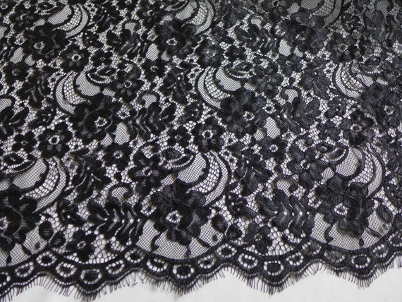 Black Lace Fabric Scalloped Edge, Romantic Floral Fabric, Elegant