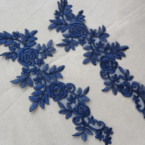 Navy Blue Lace Applique, Wedding Embroidered Bridal Applique, Alencon Rose Applique Trim