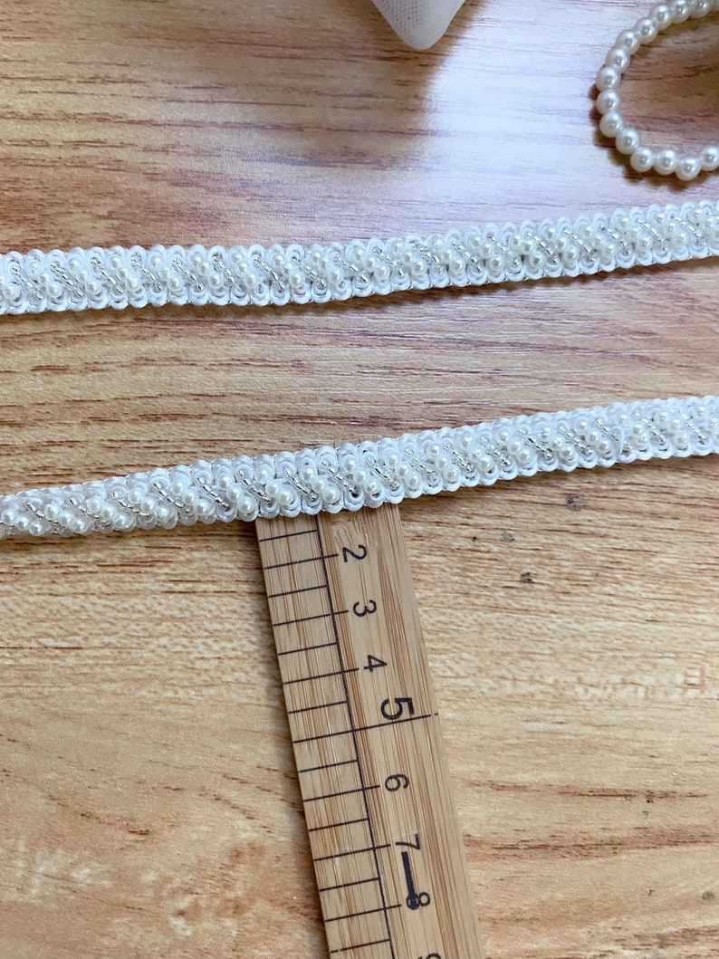 Beaded Trim Ivory Pearl and Silver Beads Lace Trim For Bridal, Headbands, Jewelry, Costumes, Crafts image 3