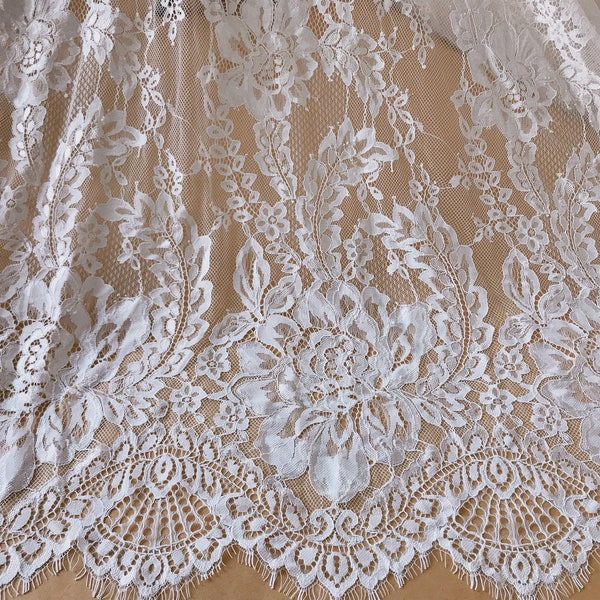 Top quality lace fabric, Romance chantilly lace fabric with scalloped edge trim, ivory eyelash flower fabric by the yard