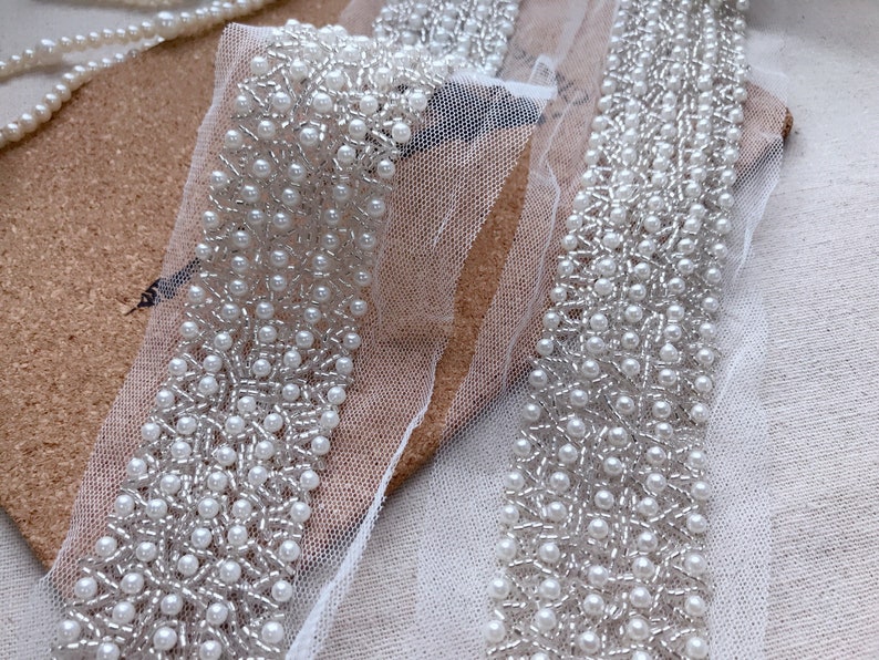 Wide Beaded Trim Bridal Pearl Applique Silver Ivory Beaded Etsy