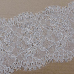 Delicate chantilly lace scallop trim in white for wedding veil, cap, mantilla border lace