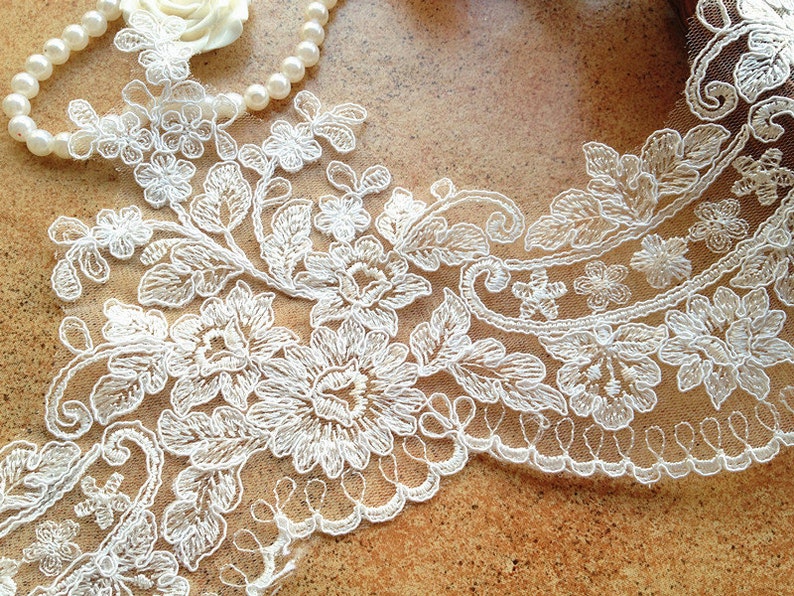 Graceful Ivory Alencon Lace Trim Embroidered Retro Tulle Lace Wedding Veil Bridal Lace Trim image 3