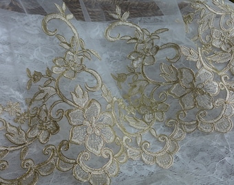 Vintage Gold Embroidery Lace Alencon Lace Trim for Wedding Gown, Millinery, Bridal Gloves, Costumes