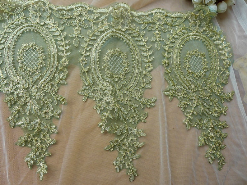 Green Mesh Lace Gold Embroidered Lace Trim for Appliqué, Sewing, Garments image 5