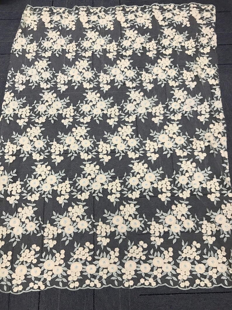 Ice Green Lace Fabric with Silver Thread Off white Cotton Flower Fabric Floral Leaves Embroidery Mesh Lace Fabric