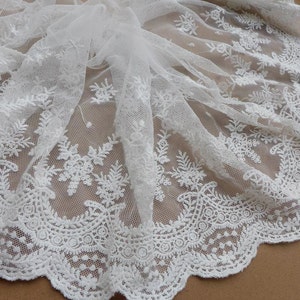 8.66" Wide Off White Cotton Lace Trim Embroidered Tulle Lace Bridal Wedding Fabric Lace By The Yard