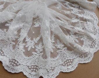 8.66" Wide Off White Cotton Lace Trim Embroidered Tulle Lace Bridal Wedding Fabric Lace By The Yard