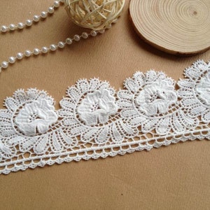 Off White Bridal Lace Fabric Cotton Lace Flower Applique Trim 2.75 inch Wide By The Yard image 2