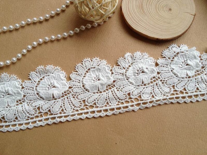 Off White Bridal Lace Fabric Cotton Lace Flower Applique Trim 2.75 inch Wide By The Yard image 2