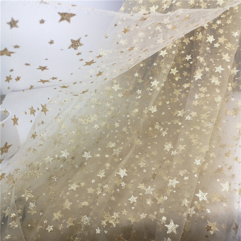 Stars Mesh Fabric, Gold Stars Glitter Print Lace Fabric for Flower Girl Dress, Party Dress, Wedding Decoration image 6