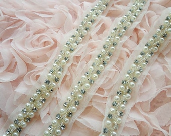 Beaded Trim, Ivory Pearl and Rhinestone Beaded Trim, Bridal Sash Trim, Wedding Applique