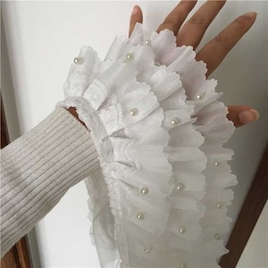 1 Yard Beaded Ruffled Chiffon Lace Trim,  3 Layers Ivory Bead Pearl Wedding Lace Trim 11 cm wide