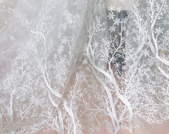 Ivory Embroidery Fabric, Snow Trees Lace, Snowflake Lace Fabric, Dresses or Lace Curtains Fabric By Yard