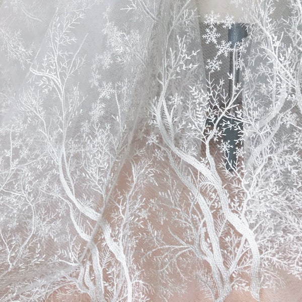 Ivory Embroidery Fabric, Snow Trees Lace, Snowflake Lace Fabric, Dresses or Lace Curtains Fabric By Yard