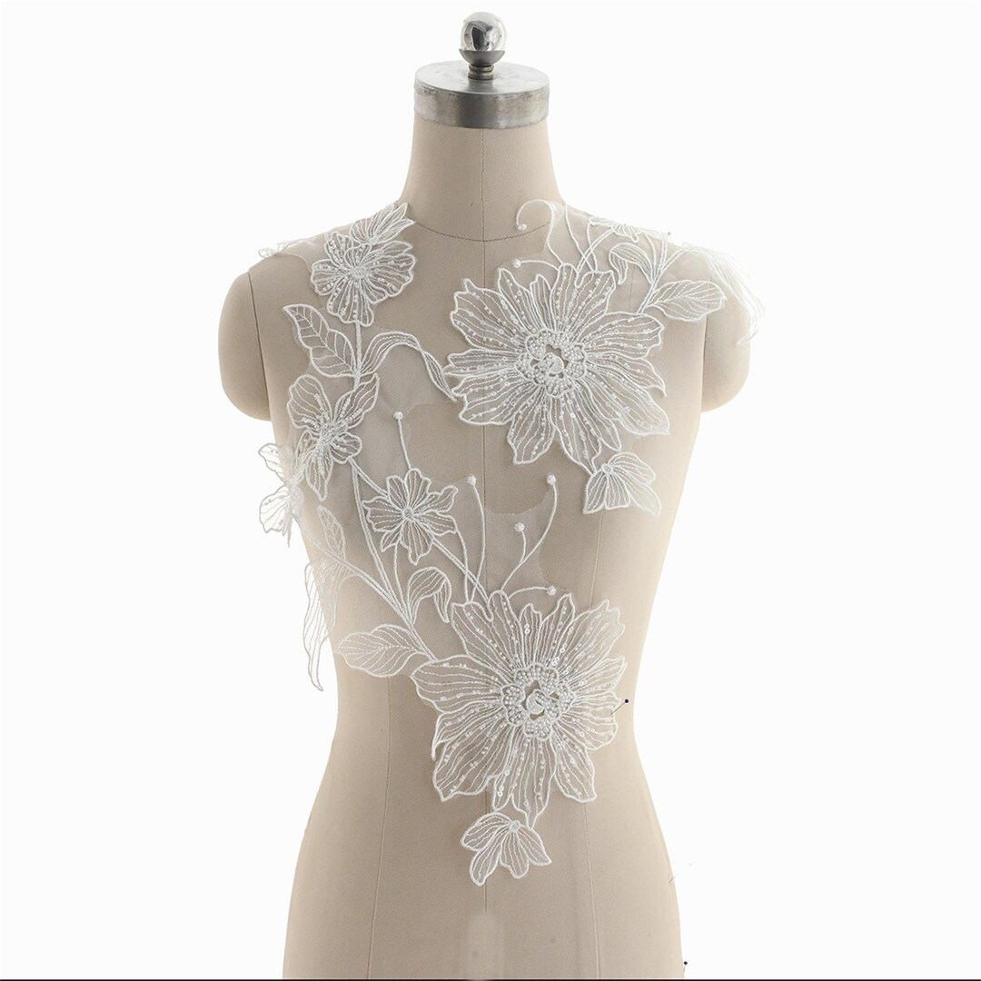 Ivory Beaded Flower Lace Appliqu With Clear Sequins Pair for Prom ...