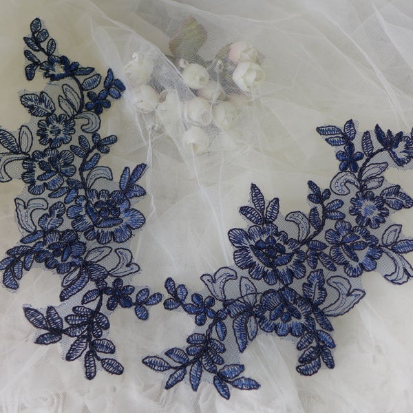 Navy Blue  Lace Applique Bridal Floral Appliques Pair for Weddings, Cap, Dressmaking, Costumes