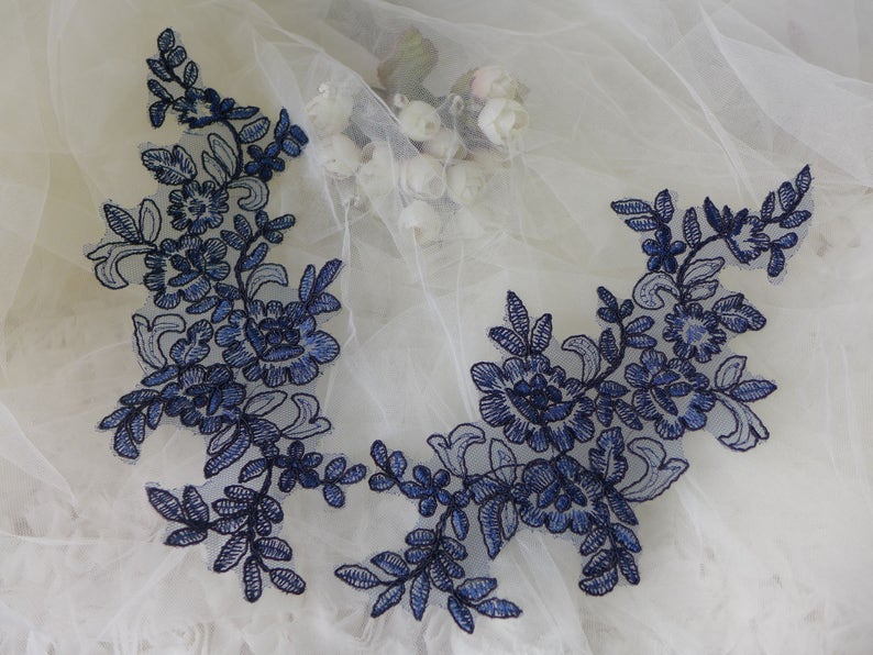 Navy Blue New Free Shipping Lace Applique Bridal for Appliques Pair Floral Selling Weddin
