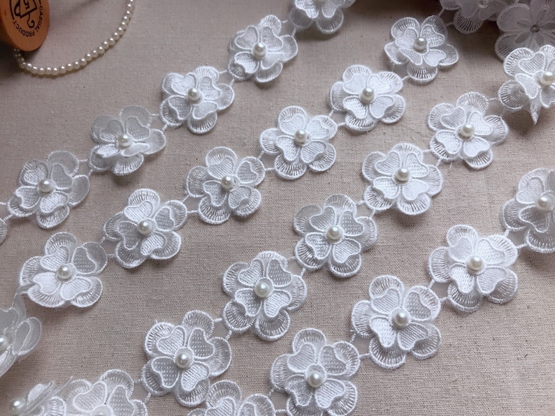 Double flowers applique lace off white flower pearls lace trim | Etsy