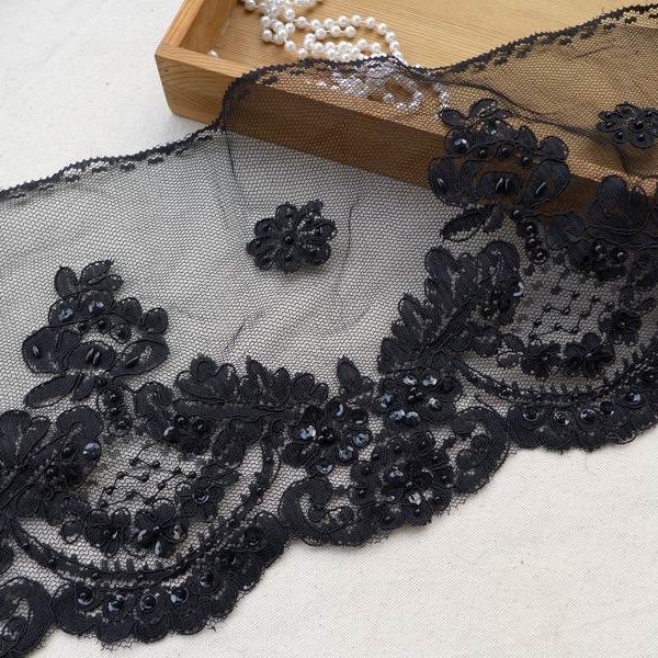 Black Beaded Alencon Lace Trim for Wedding Veil Bridal Sashes Lace Fabric Trim
