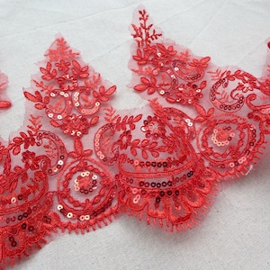 Rote Spitze Alencon Stickerei Pailletten Spitzenbesatz für Brautschmuck, Schleier, Schärpen, Kostüm oder Schmuck Design
