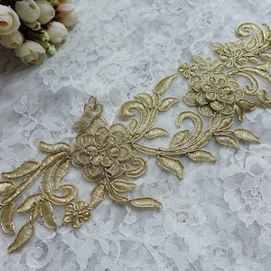 Alencon Cord Embroidery Lace Applique in Gold for Wedding Gown, Bridal Headpiece, Dresses Applique Supply