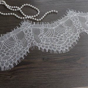 White Floral Lace Trim, Eyelash Lace Fabric Trim, Bridal Chantilly Scalloped Lace for Wedding Veils Costume design