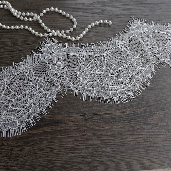 White Floral Lace Trim, Eyelash Lace Fabric Trim, Bridal Chantilly Scalloped Lace for Wedding Veils Costume design