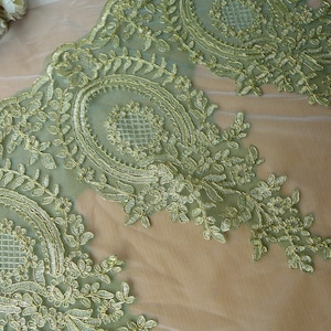 Green Mesh Lace Gold Embroidered Lace Trim for Appliqué, Sewing, Garments image 1