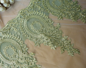 Green Mesh Lace Gold Embroidered Lace Trim for Appliqué, Sewing, Garments