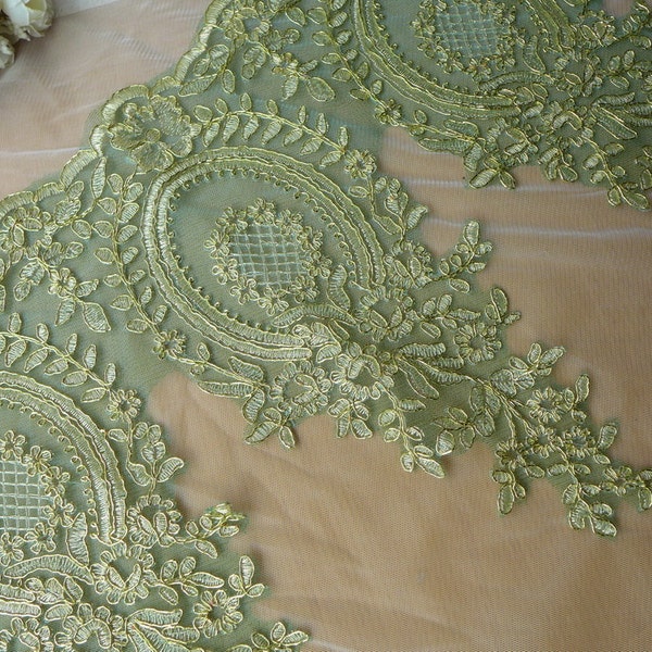 Green Mesh Lace Gold Embroidered Lace Trim for Appliqué, Sewing, Garments