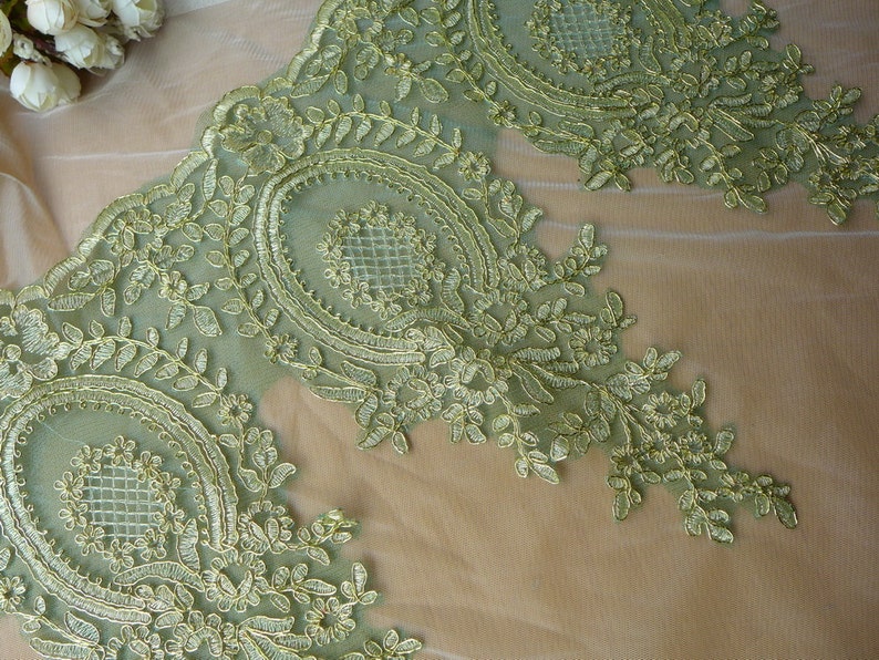 Green Mesh Lace Gold Embroidered Lace Trim for Appliqué, Sewing, Garments image 1