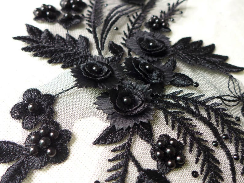 Wedding Dress HOT Pearl Beaded Lace Applique in BLACK for Bridal Headpiece Jewelry Design Sashes