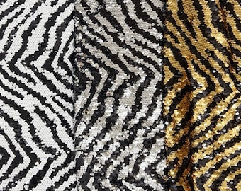 Zebra Streifen Pailletten Stoff, Gold / Schwarz / Silber / Weiß bestickter Paillettenstoff für Abendkleid, Partykleid, Maxikleid