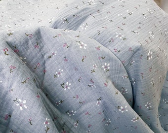 Dusty Blue Cotton Double Layer Crepe Printed Floral Gauze Fabric for Skirts, Kids Clothes, Table Cover, Home décor
