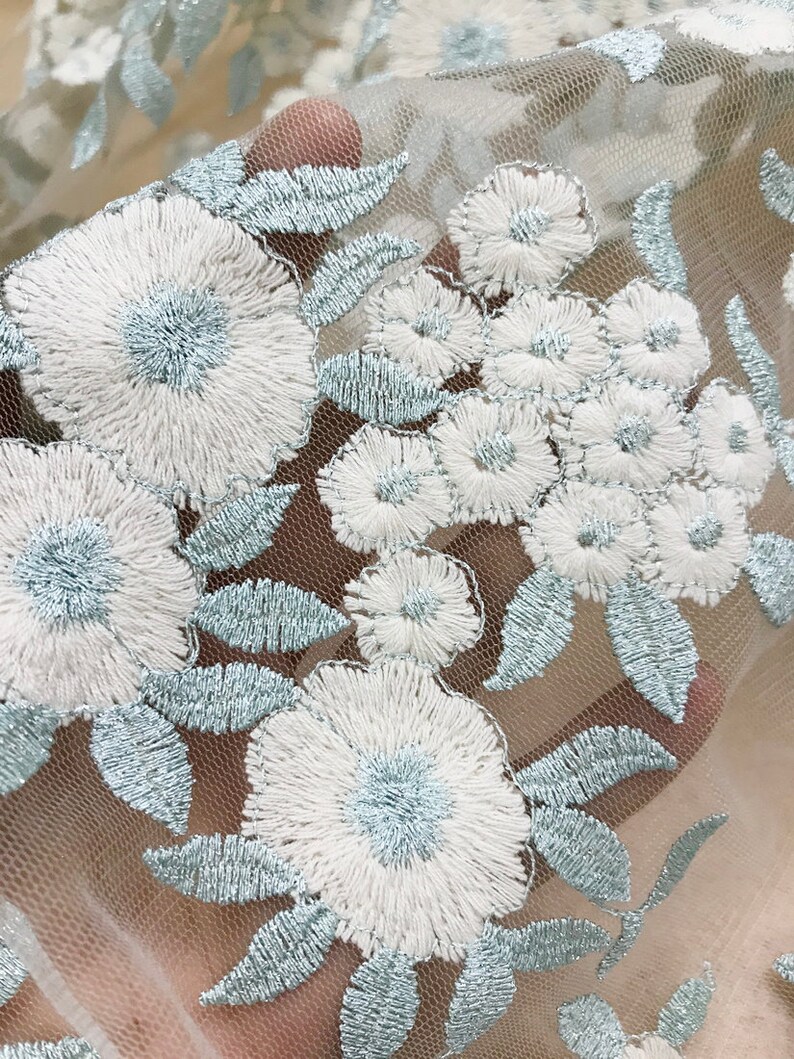 Ice Green Lace Fabric with Silver Thread Off white Cotton Flower Fabric Floral Leaves Embroidery Mesh Lace Fabric