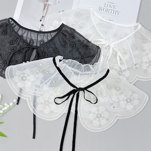 Black / White Organza Lace Collar with Ribbon Tie, Beaded Embroidered Flower Fake Collar, Lace Collar Blouse