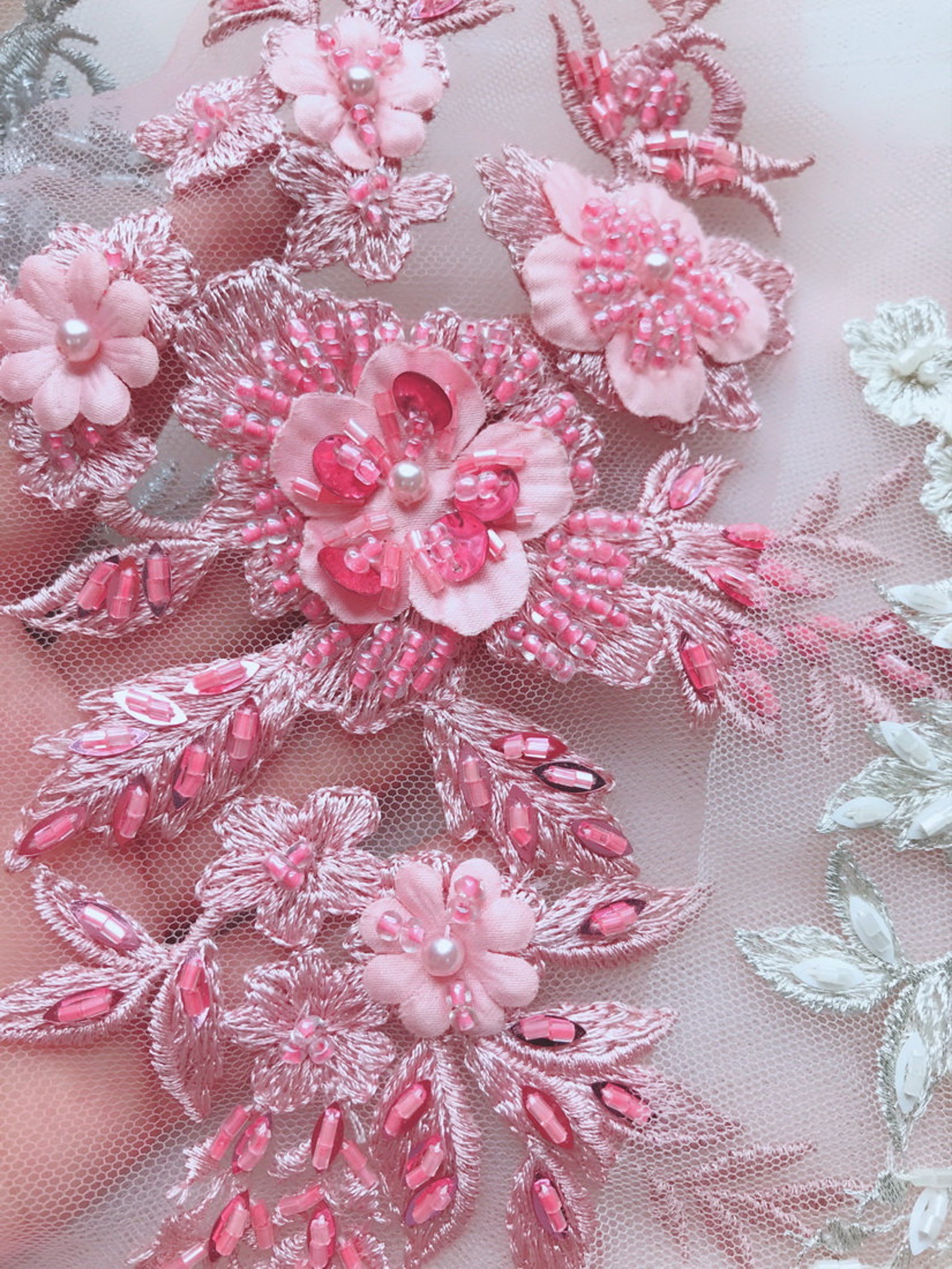 Gray Applique Beaded 3D Flower Lace Applique Grey Bead Etsy