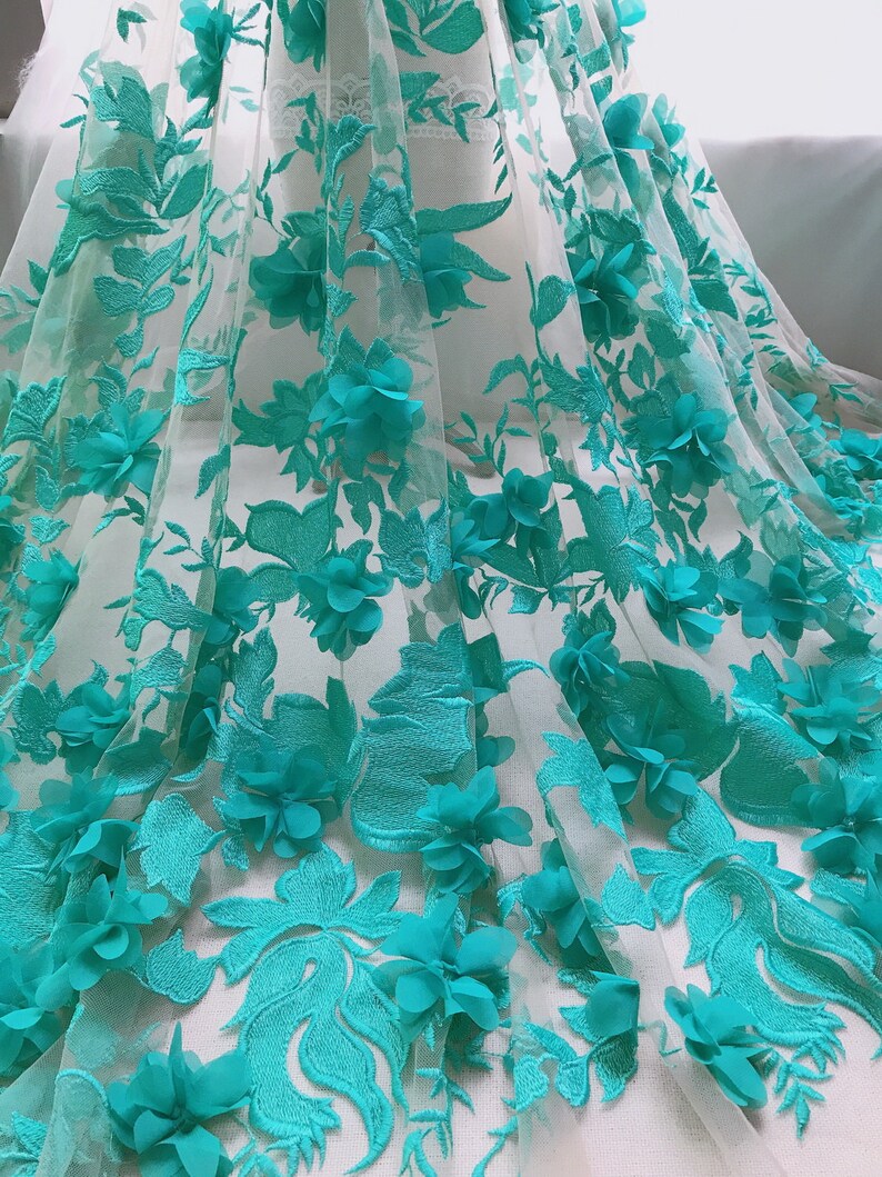 Turquoise Lace Fabric Soft 3D Chiffon Flower Tulle Fabric | Etsy