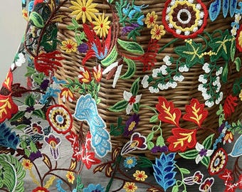 Multicolor Flower Leaf Embroidery Sheer Lace Fabric, Floral Black Tulle Fabric, Garment Decoration, Wedding Gown Material