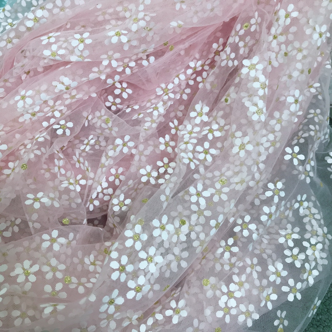 Soft Tulle Floral Printed Fabric, Flower With Glitter Design Tulle