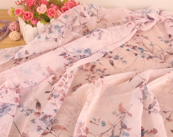Tissu en mousseline de soie à imprimé floral doux, 59 po. de large, tissu d'impression en mousseline de polyester pour robes, écharpes et vêtements