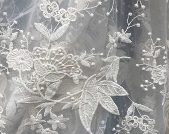 Leaf Flower Lace Fabric, Ivory Embroidered Tulle Fabric, Bridal Dress & Curtain Fabric Supply