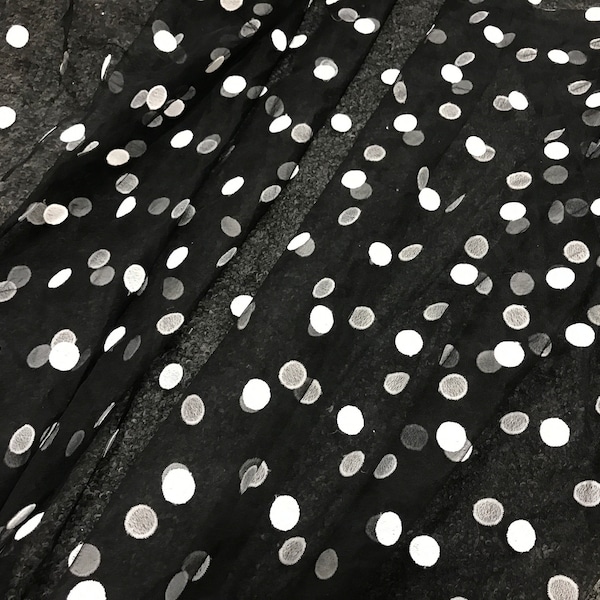 Retro White Polka Dot on Black Tulle Fabric for Girl Dress, Maxi Dress, Polka Dot Shirt or Victoria Dress