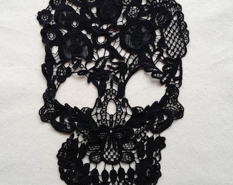 Skull Lace Applique in Black, Cotton Lace Applique, Costume Applique, Black Lace Applique