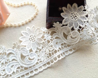 2 yards Ivory Flower Lace Venice Embroidery Lace Trim for Bridal, Millinery, Headbands, Costume design