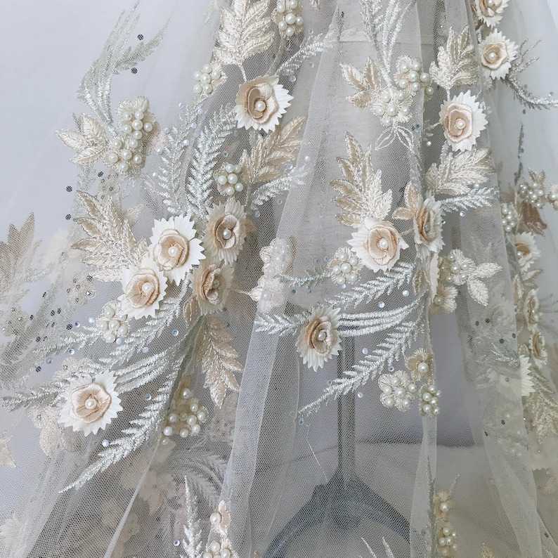 3D Handmade Beaded Flower Applique Fabric in Champagne Bridal Applique Wedding Garters Costume design